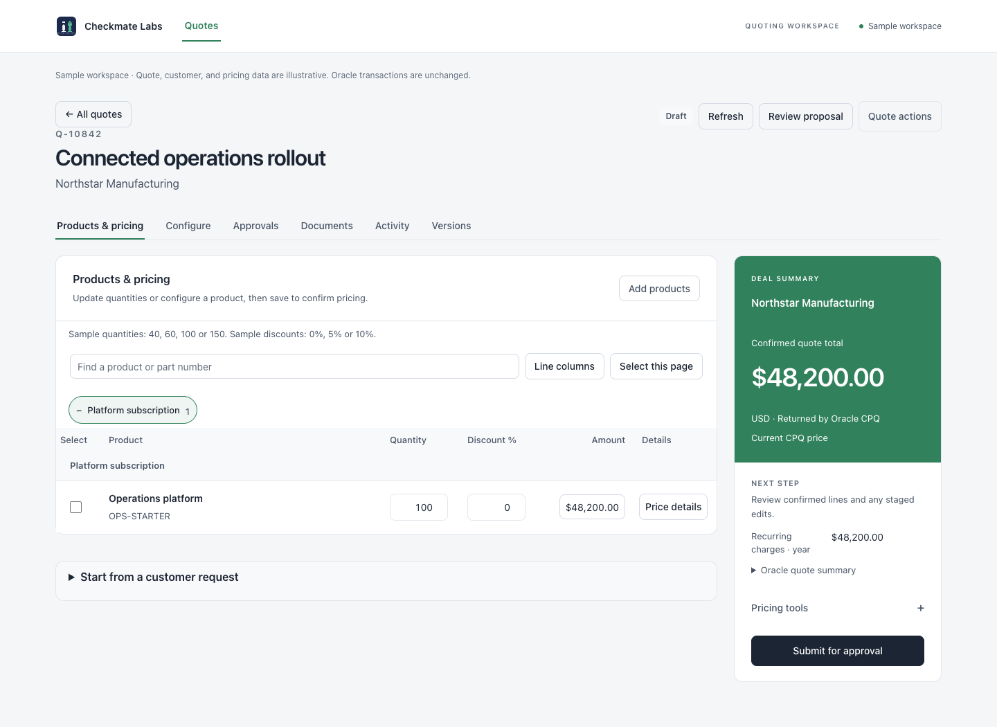 Sample CPQ quote editor with products and confirmed-price summary
