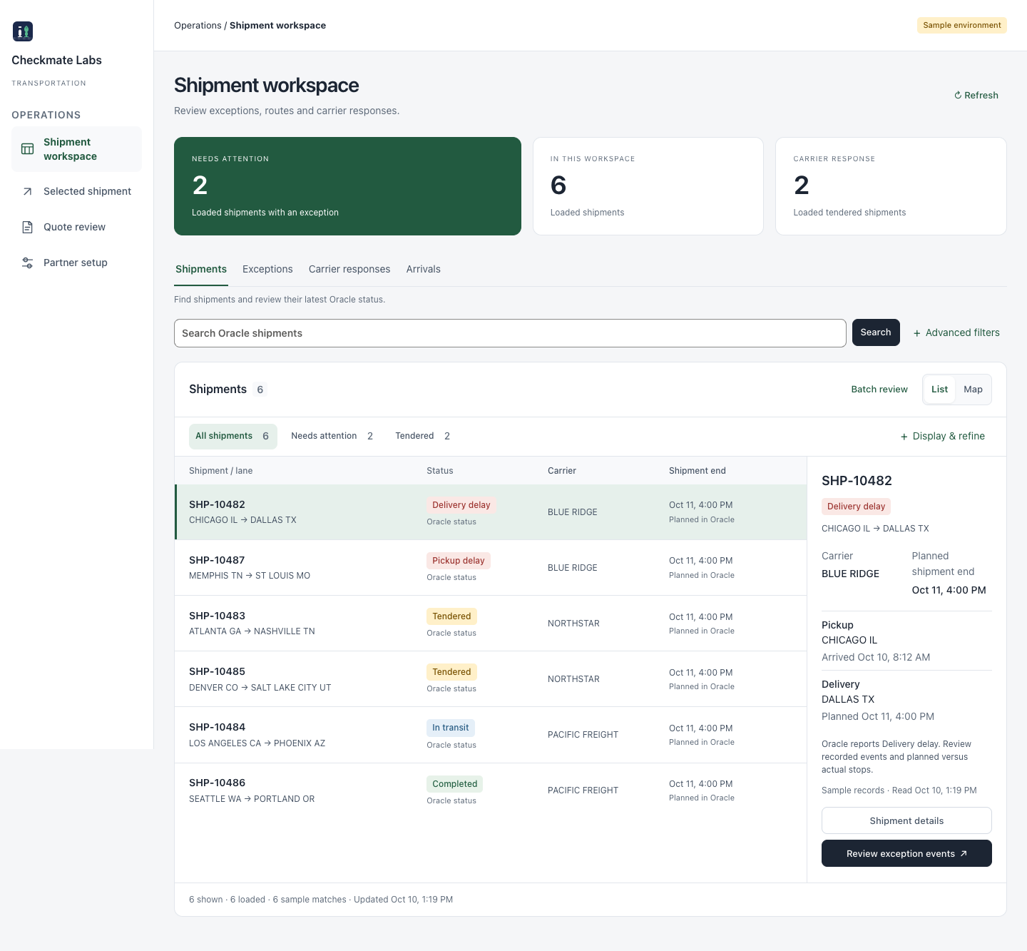 Sample OTM shipment workspace with connected list and map